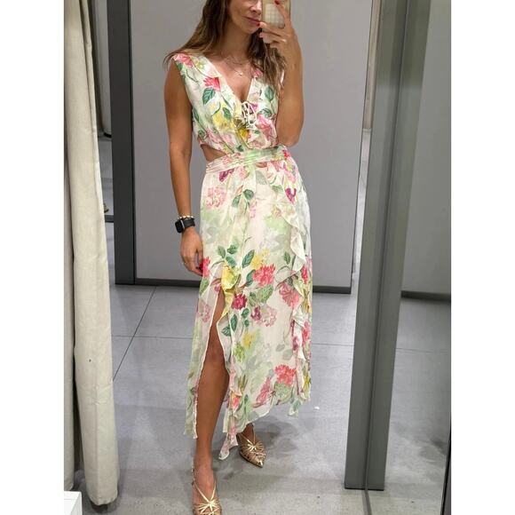 Zara Dresses & Skirts - Zara Floral Print Cut-out Dress Ruffle Lace Up V Neck Slit Maxi Sleeveless M NWT